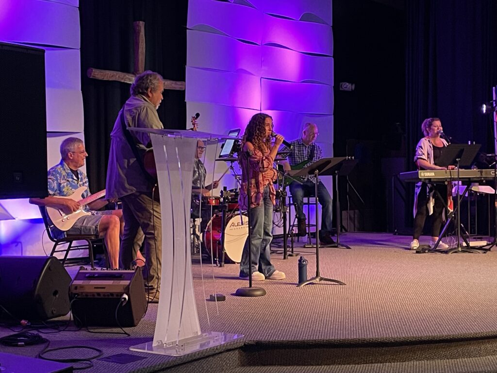 The praise band leading the 9:00 AM worship service in Hammill Hall